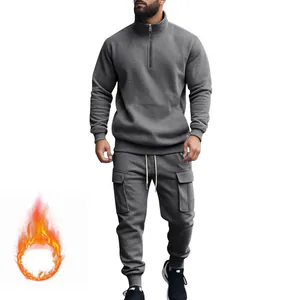 Chándal gris para hombre con forro polar, sudadera con cremallera y pantalones cargo jogger