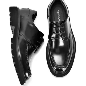 Top and side view of glossy black patent leather derby shoes with platform thick soles