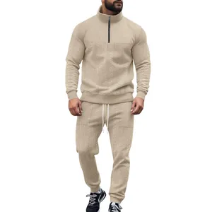 Conjunto de chándal jacquard beige de dos piezas para hombre con sudadera de media cremallera