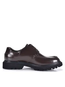 Detailed side view of glossy brown leather men's Derby shoe with thick black lug sole