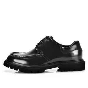 Side view of premium shiny black leather Derby shoes with thick lug soles for men