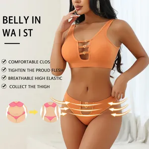Seamless hollow-out orange ribbed lingerie set with heart buckles for stylish comfort