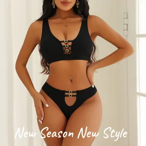 Sexy black seamless lingerie set with hollow heart buckles and push-up rib bra