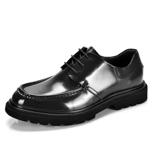 Premium black shiny leather men's Derby shoes with thick platform sole for formal business wear