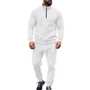 Close-up of men's white jacquard tracksuit set with 1/4 zip and high neck detail