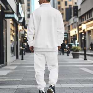 Back view of men's white jacquard tracksuit with stand collar and loose fit