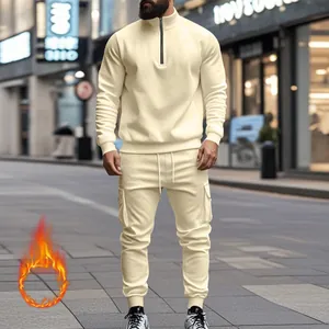 Conjunto de chándal deportivo de forro polar crema para hombre con cremallera