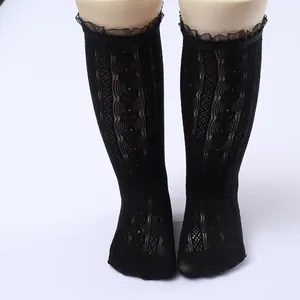Detailed macro view of black lace mesh knee-high socks for girls with ruffle trim.