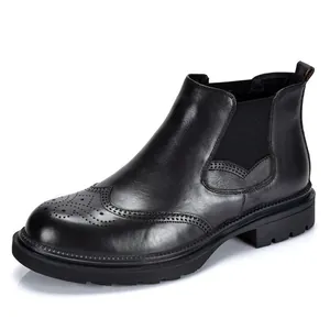 Herren Erstschicht Rindsleder Chelsea Boots Brogue Schnitzerei Martin Stiefel Warm Plüsch Gefüttert Casual Business Rutschfeste Gummisohle Stiefeletten
