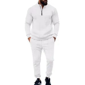 Men's white jacquard two-piece tracksuit set with half-zip stand collar detail