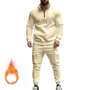 Chándal de forro polar térmico para hombre en crema con media cremallera