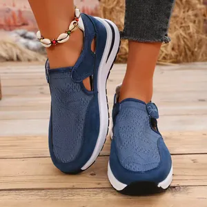 Chaussures Décontractées en Suède Respirant Mesh Fly-Knit pour Femmes Printemps Été Baskets Plates avec Bande Auto-Agrippante Grande Taille
