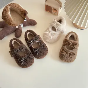 Süße Kinder Kunstpelz Flache Schuhe Für Mädchen Herbst Winter Runde Zehe Mary Jane Weich Warm Kinder Schleife Prinzessin Mokassins