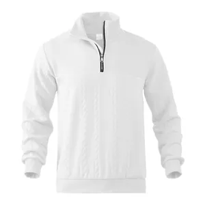 Macro detail of white men's jacquard sweater showing stand-up collar and black zipper