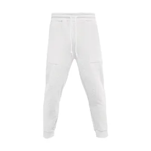 Detailed view of white men's textured jacquard knit sweatpants with drawstring waist