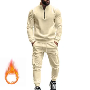 Conjunto de chándal de invierno de forro polar beige para hombre con sudadera de media cremallera
