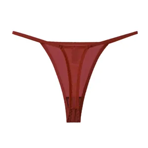Sexy burgundy sheer mesh thong featuring low waist design and thin elastic straps