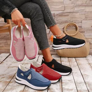 Chaussures décontractées plates en flyknit respirant pour femmes avec velcro pratique