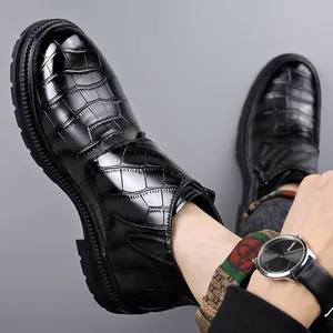 Stylish black crocodile embossed leather boots for men with side buckle and thick sole