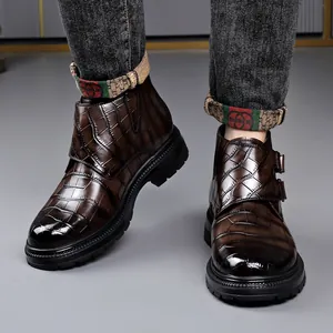 Stylish dark brown men's Martin boots with crocodile embossed texture and side buckles