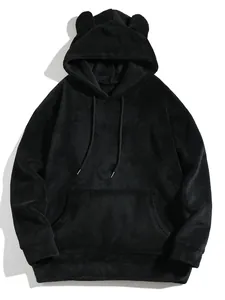 Detailed front view of men's black coral fleece hoodie featuring cute bear ears on the hood