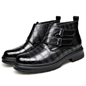 Stylish men's black Martin boots with crocodile embossed pattern and double buckle straps