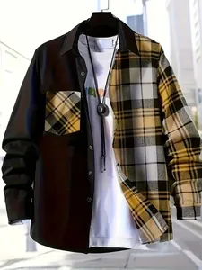 Detail view of men's casual long sleeve patchwork plaid shirt with turn-down collar