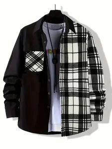 Detailed view of men's casual long-sleeve shirt with black and white plaid split design