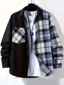 Close-up detail of a men's casual color-block plaid shirt with a stylish split design