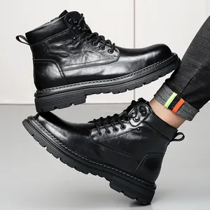 Bottes Martin pour Hommes en Cuir Véritable Coupe Moyenne Bottes de Travail Hiver Chaudes Doublées de Fourrure Antidérapantes
