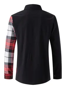 Back view of a men's black shirt featuring an asymmetric red plaid left sleeve.