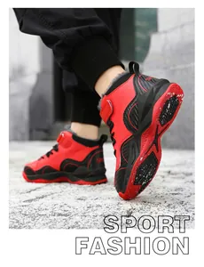 Close-up of boys' red and black high-top winter basketball shoes with warm plush lining