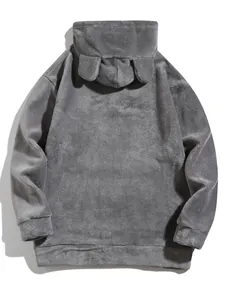 Detailed back view of a grey oversized coral fleece hoodie with cute ears on the hood.