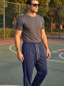 Men's casual navy straight-leg sweatpants with white side stripes and adjustable drawstring