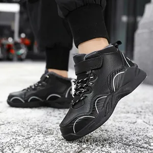 Boys' black fleece-lined high-top winter boots for outdoor warmth and durable sport activities