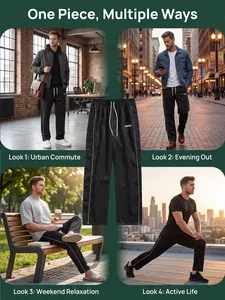 Men's black woven track pants shown in versatile lifestyle scenarios for daily wear