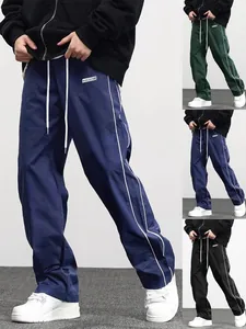 Men's High Street Woven Casual Straight Leg Pants Muscle Attack Letter Printed Drawstring Trousers Side Stripe Streetwear