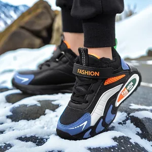 Boys Winter Running Shoes Kids Warm Fleece Lined Non-slip Sneakers Synthetic Leather Waterproof Outdoor Sports Tourism Shoes