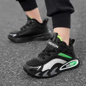 Winter warm fleece-lined sports shoes for boys featuring black and neon green accents