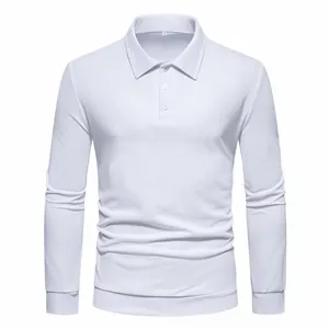 Front view of white long sleeve polo shirt with classic collar and buttons