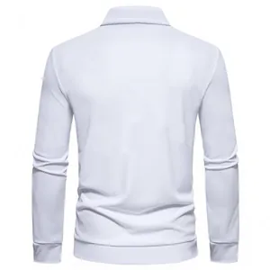 Rear view of a men's white long-sleeve polo shirt for casual autumn wear
