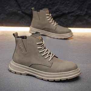 Detailed macro shot of durable retro men's high-top work boots with thick soles