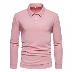 Close-up of a pink long-sleeved polo shirt with buttoned collar and soft fabric texture