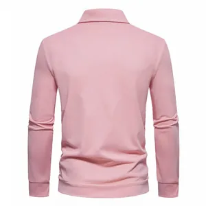 Rear view of a men's long-sleeved casual polo shirt in soft pink color
