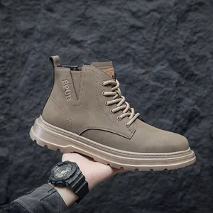 Close-up detail of vintage men's brown outdoor Martin boots featuring a thick wear-resistant sole