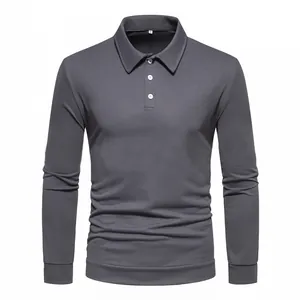 Men's casual grey long-sleeved polo shirt featuring a classic collar and three buttons