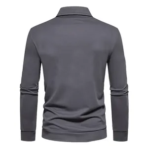 Detailed back view of a men's long-sleeved polo shirt in solid dark grey casual style