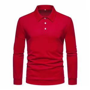 Front view of a vibrant red men's long-sleeved polo shirt with casual button collar