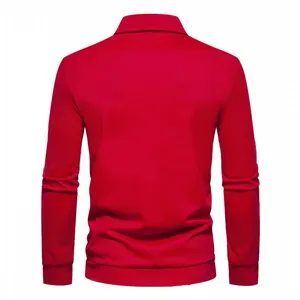 Detailed back view of a solid red long-sleeved casual polo shirt for men in autumn style.