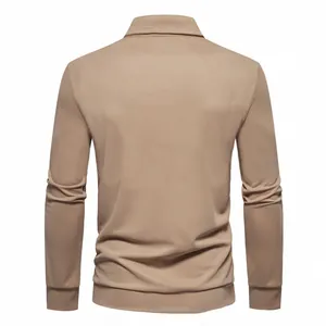 Detailed back view of a professional men's casual long-sleeved polo shirt in khaki color.